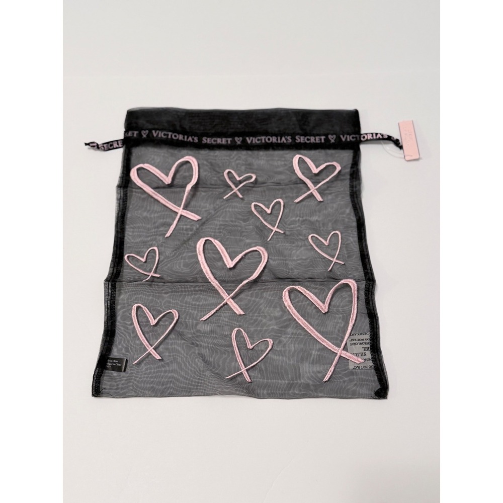 Victoria's Secret Black Mesh Heart Embroidered Lingerie Drawstring Bag NWT